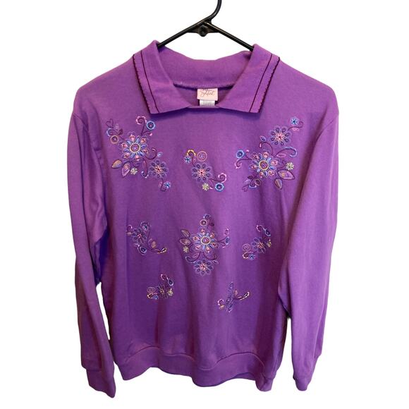 Adrian Delafield 90's Vintage Purple Embroidered Collared Sweatshirt Large - Picture 1 of 11